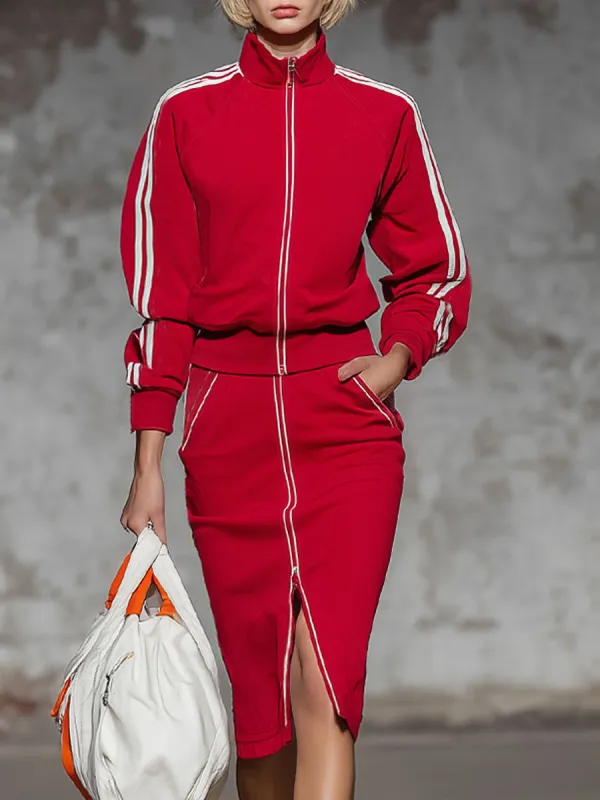 Sporty Style Stand-collar Zip-up Jacket And Skirt Set sold by Oyrosy