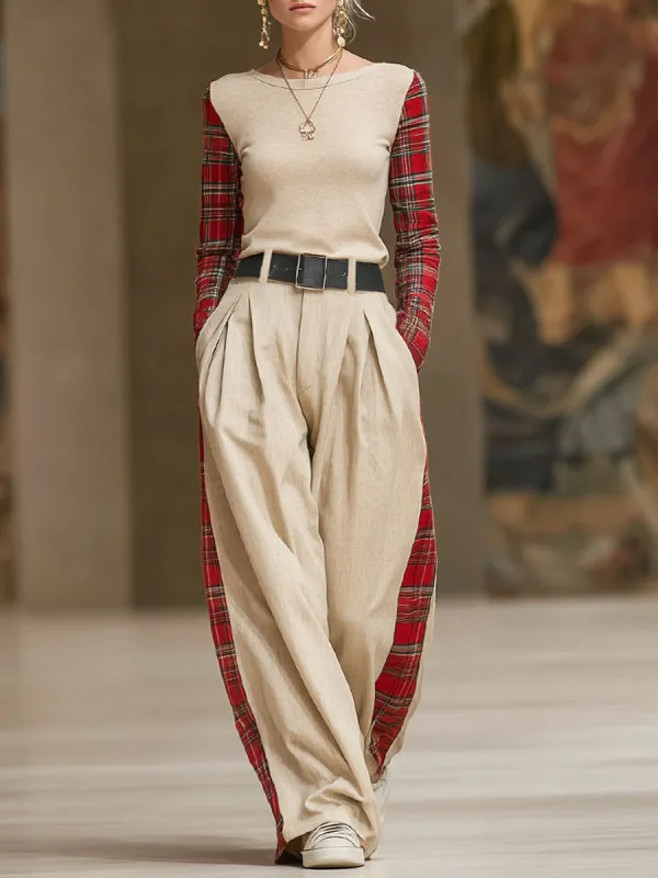 Red Checkered Patchwork Crew Neck Long-sleeved T-shirt And Loose Wide-leg Pants Set sold by Oyrosy