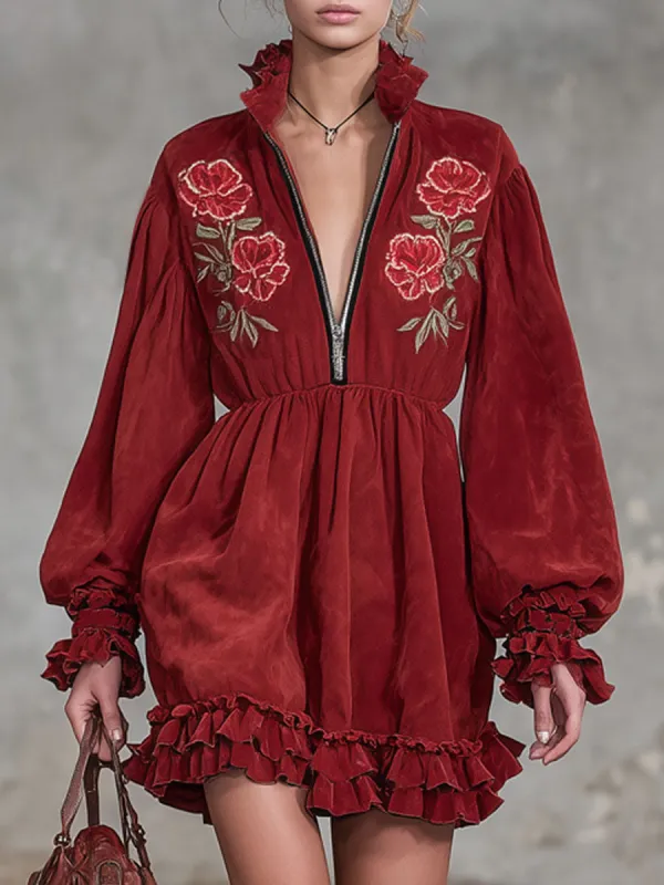 Ruffled Trim Zippered Floral Embroidered Faux Suede Long-sleeved Mini Dress sold by Oyrosy