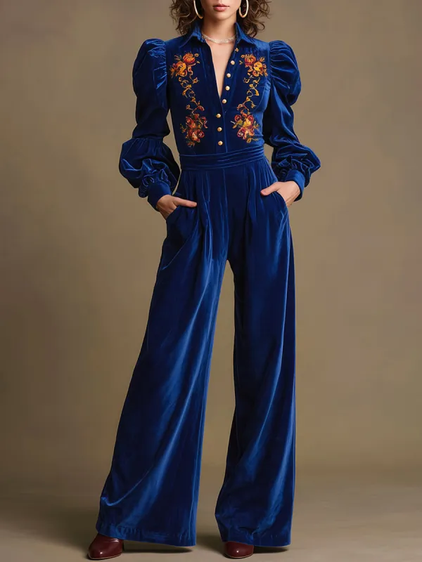 Casual Retro Floral Embroidered Royal Blue Velvet Long-sleeved Wide-leg Jumpsuit sold by Oyrosy