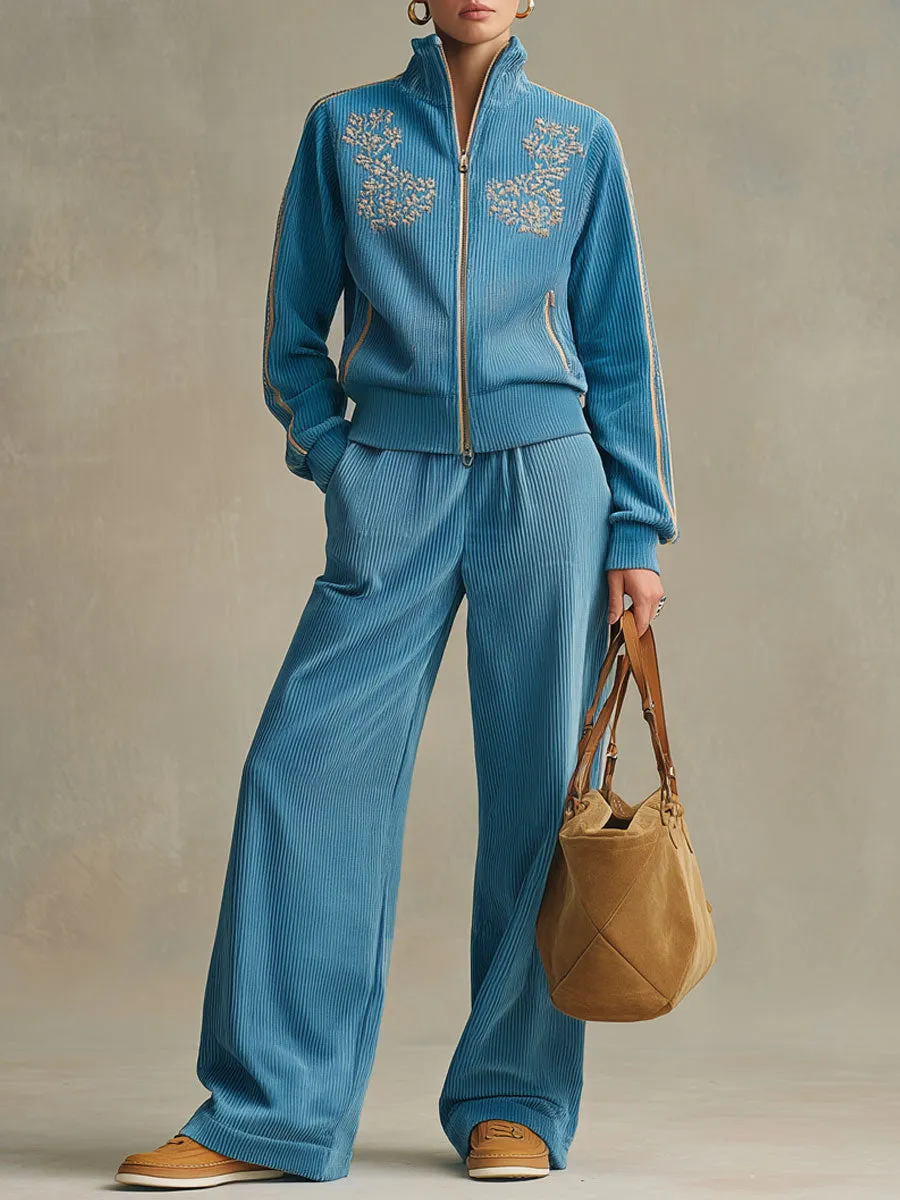 Sporty Retro Embroidered Blue Corduroy Zipper Sweatshirt And Wide-Leg Pants Set sold by Oyrosy
