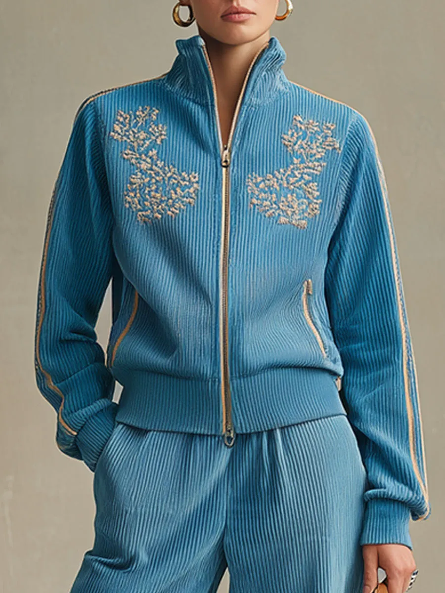 Sporty Retro Embroidered Blue Corduroy Zipper Sweatshirt And Wide-Leg Pants Set sold by Oyrosy product image thumbnail 3