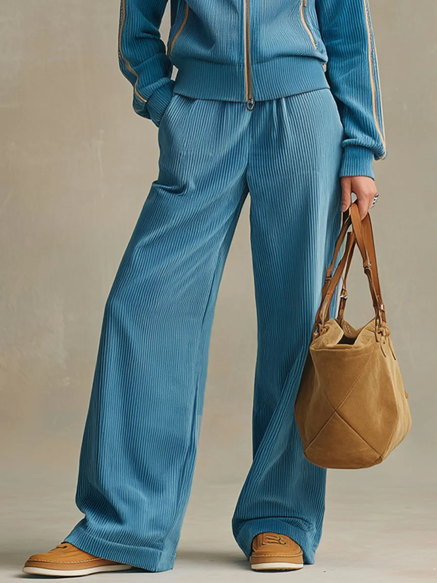 Sporty Retro Embroidered Blue Corduroy Zipper Sweatshirt And Wide-Leg Pants Set sold by Oyrosy product image thumbnail 4