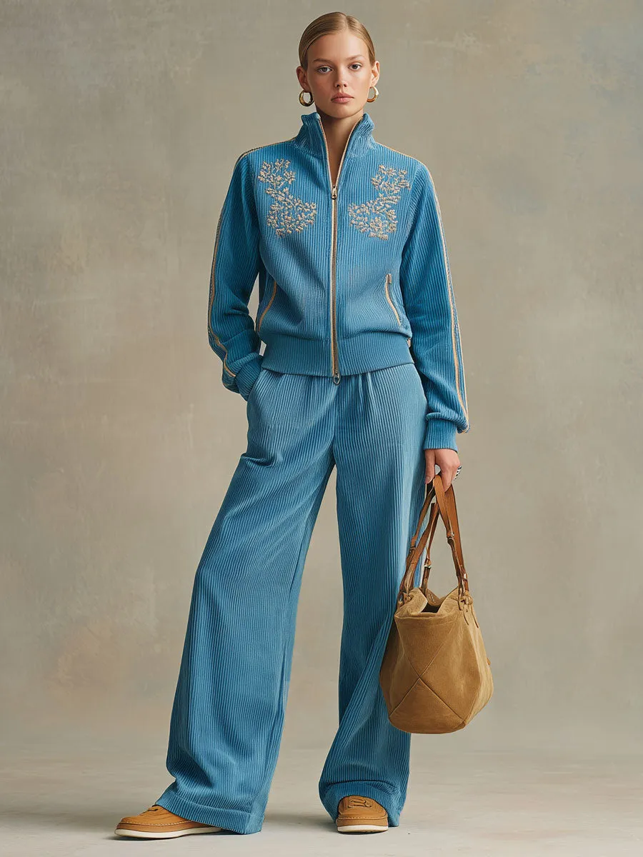 Sporty Retro Embroidered Blue Corduroy Zipper Sweatshirt And Wide-Leg Pants Set sold by Oyrosy product image thumbnail 2