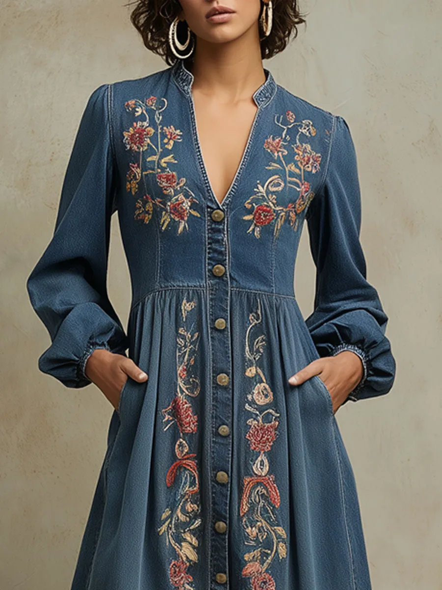 Western Retro Long-Sleeved Floral Embroidered Blue Denim Cardigan Midi Dress sold by Oyrosy product image thumbnail 3