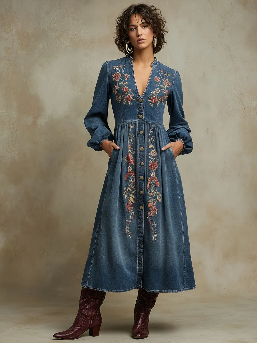 Western Retro Long-Sleeved Floral Embroidered Blue Denim Cardigan Midi Dress sold by Oyrosy product image thumbnail 2