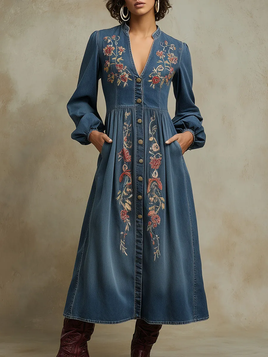 Western Retro Long-Sleeved Floral Embroidered Blue Denim Cardigan Midi Dress sold by Oyrosy