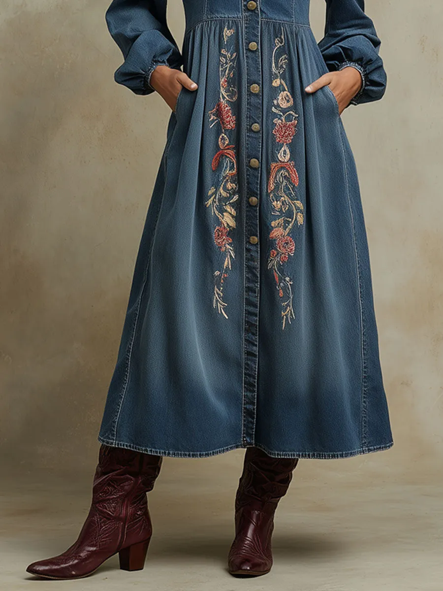 Western Retro Long-Sleeved Floral Embroidered Blue Denim Cardigan Midi Dress sold by Oyrosy product image thumbnail 4