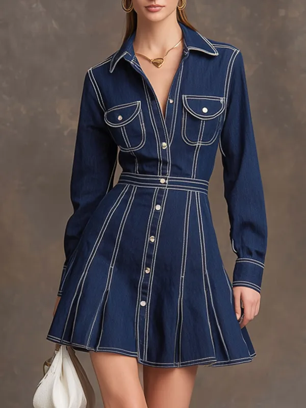 Retro Long-sleeved Dark Blue Denim A-line Mini Dress sold by Oyrosy