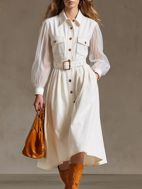 Western-style Vintage Long-sleeved White Cotton A-line Midi Dress sold by Oyrosy