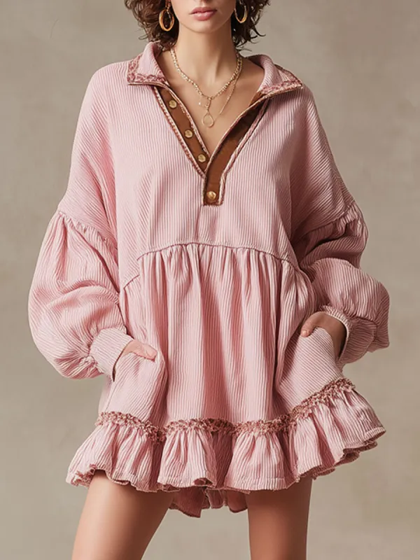 Retro Long-sleeved Pink Corduroy Ribbon Ruffle Mini Dress sold by Oyrosy
