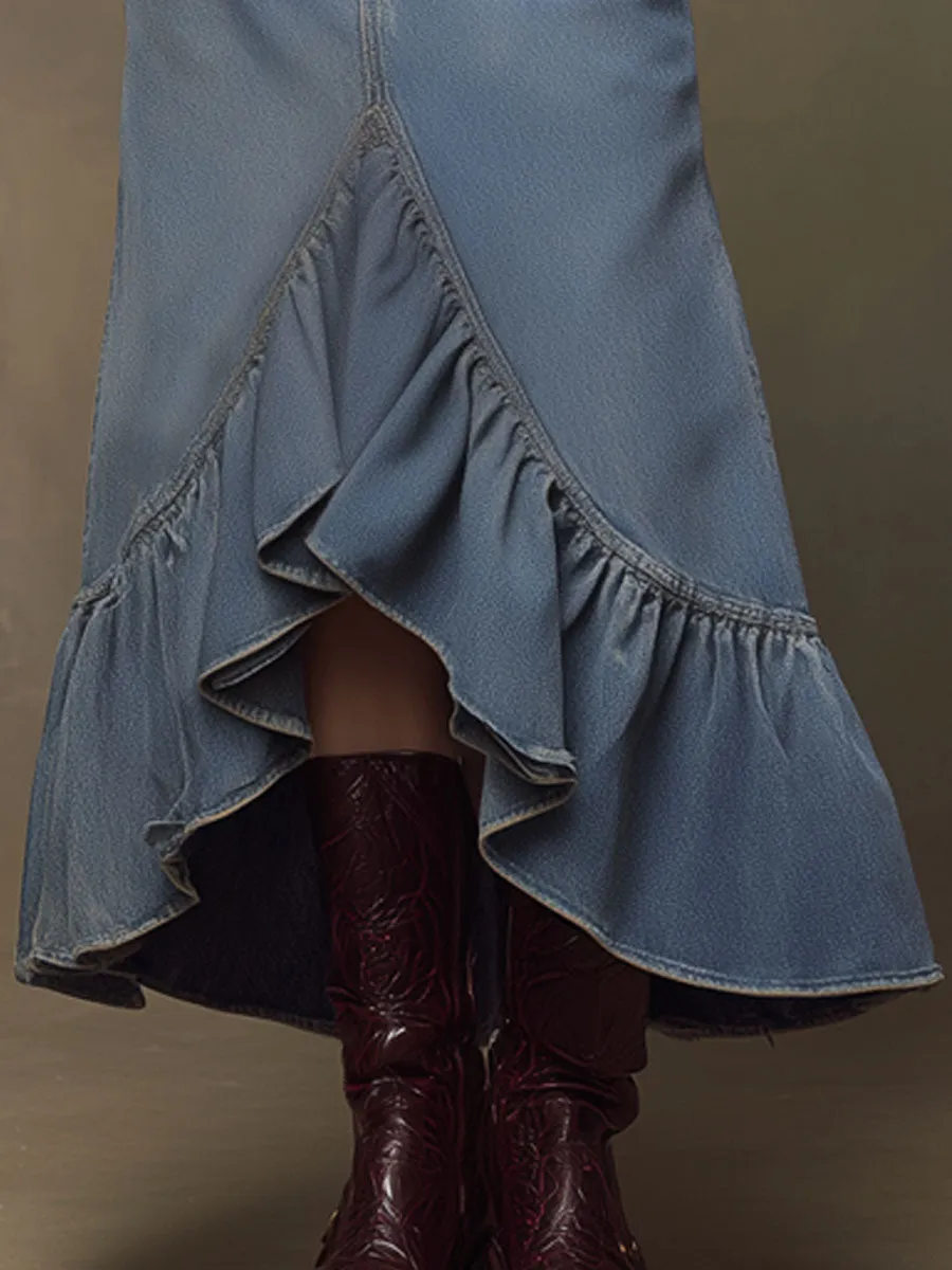 Western Retro Blue Denim Ruffle Skirt sold by Oyrosy product image thumbnail 4