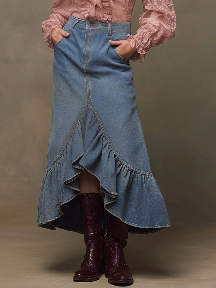 Western Retro Blue Denim Ruffle Skirt sold by Oyrosy
