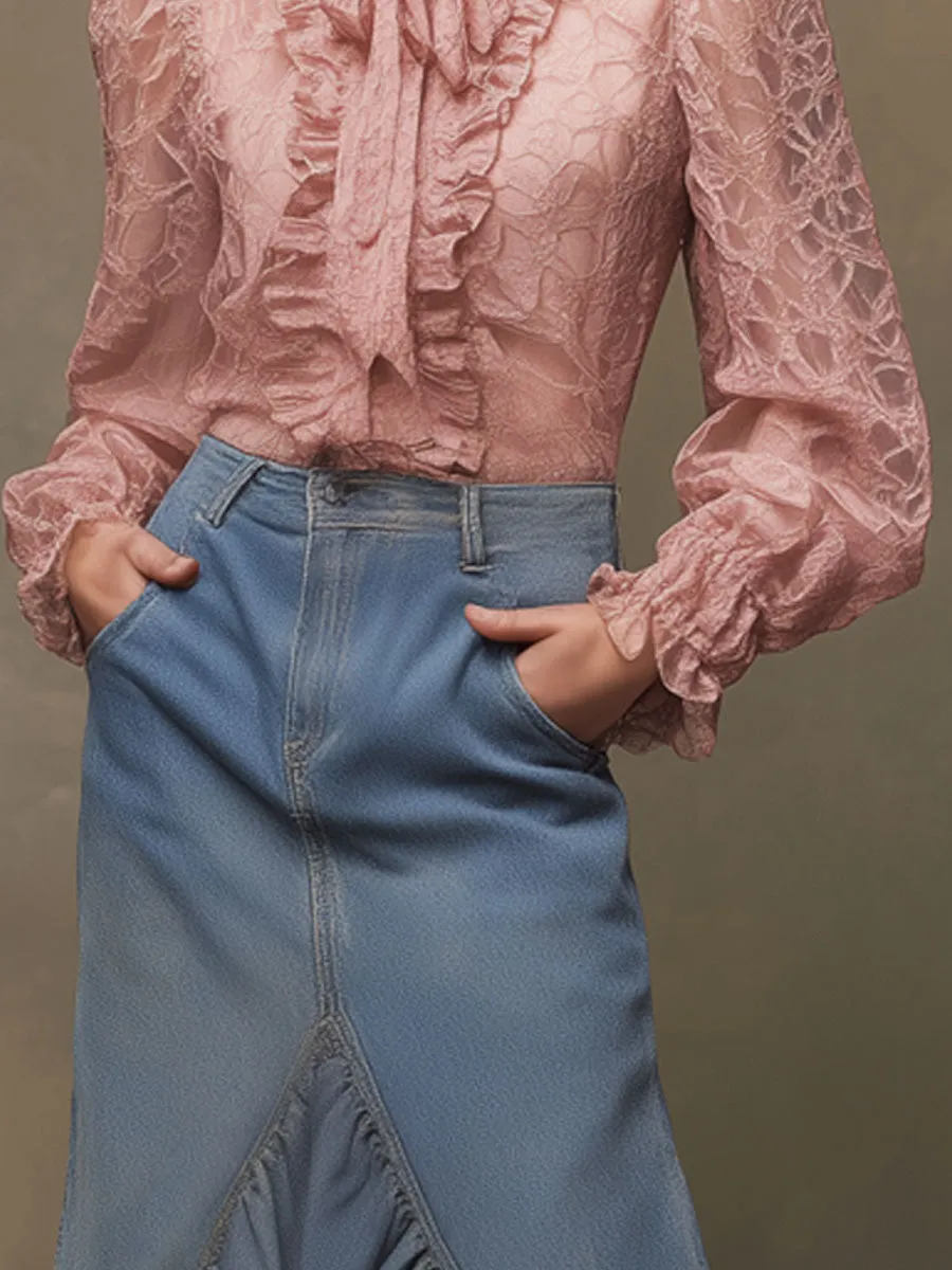 Western Retro Blue Denim Ruffle Skirt sold by Oyrosy product image thumbnail 3