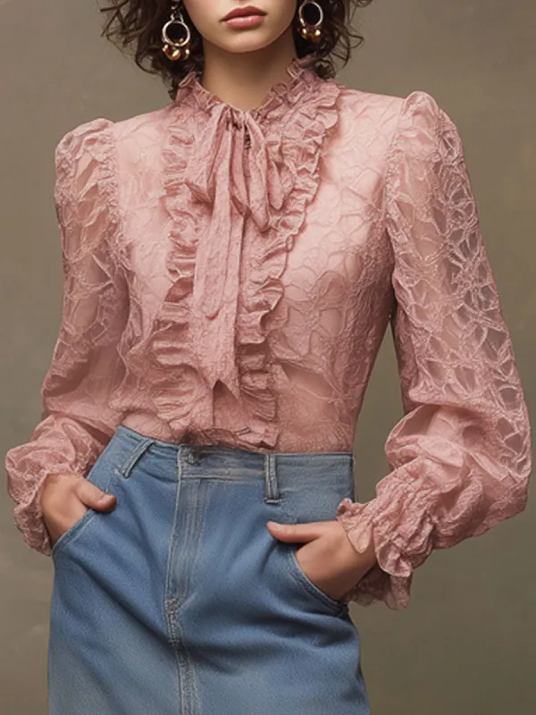 Western Retro Pink Lace Ruffled Long-Sleeved Shirt made by Oyrosy