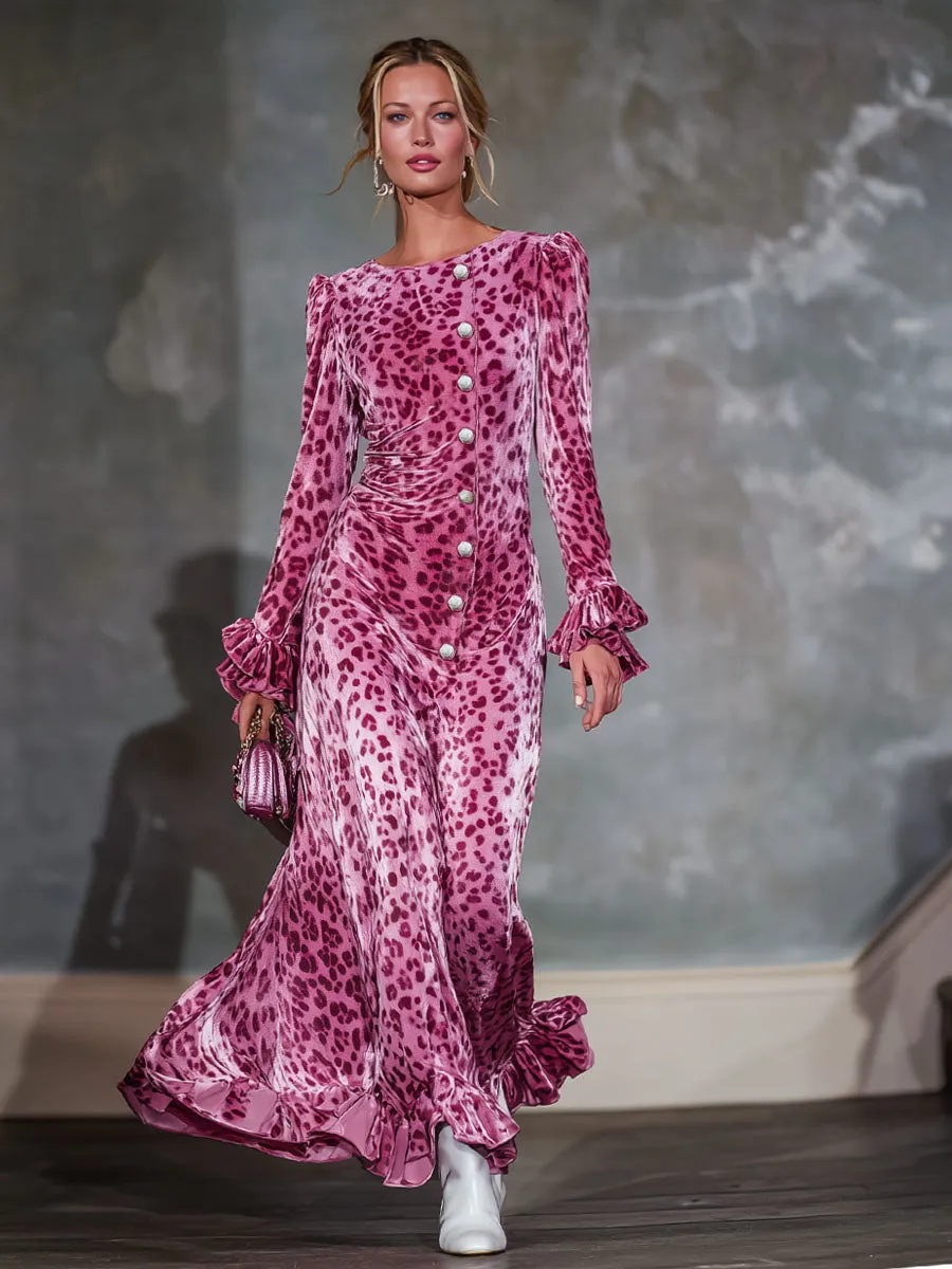 Round Neck Multi-button Leopard Print Ruffled Long-sleeved Maxi Dress sold by Oyrosy product image thumbnail 4