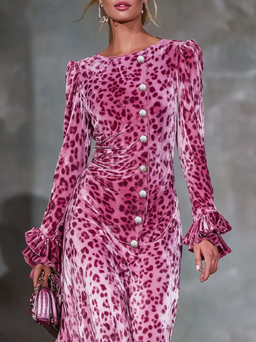 Round Neck Multi-button Leopard Print Ruffled Long-sleeved Maxi Dress sold by Oyrosy product image thumbnail 2