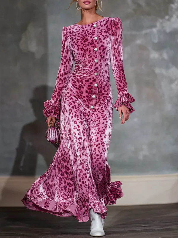 Round Neck Multi-button Leopard Print Ruffled Long-sleeved Maxi Dress sold by Oyrosy