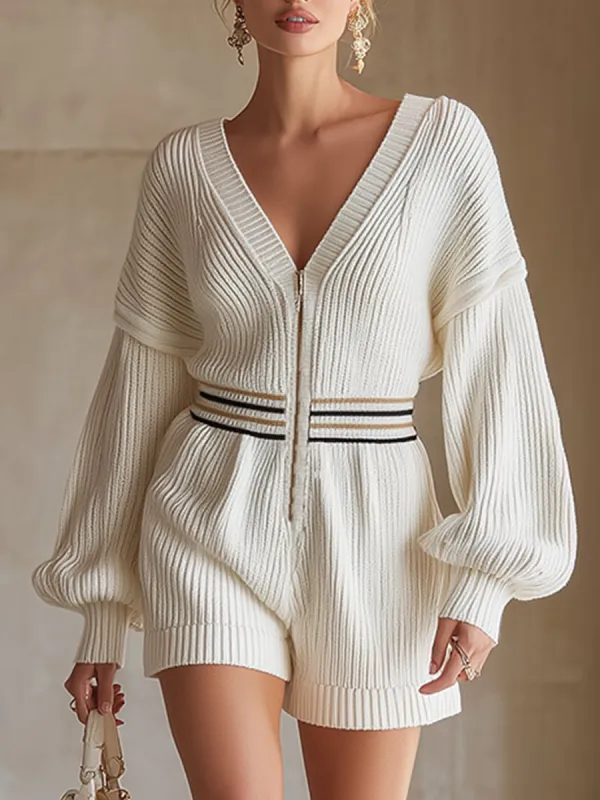 Elegant And Versatile Silhouette Cream White Knit Front Zip Long-sleeved Shorts Jumpsuit made by Oyrosy