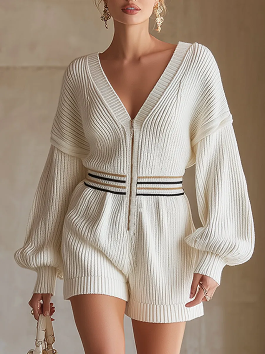 Elegant And Versatile Silhouette Cream White Knit Front Zip Long-sleeved Shorts Jumpsuit sold by Oyrosy