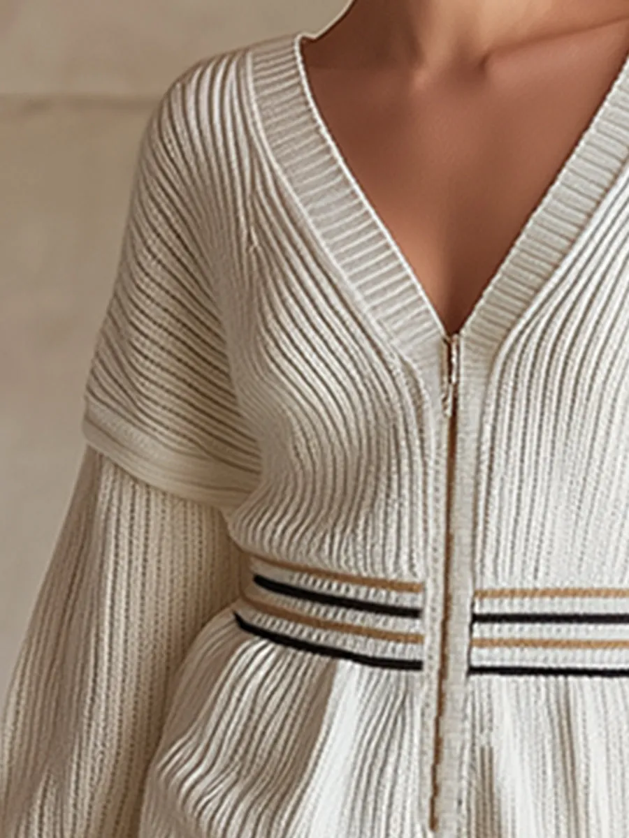 Elegant And Versatile Silhouette Cream White Knit Front Zip Long-sleeved Shorts Jumpsuit sold by Oyrosy product image thumbnail 3