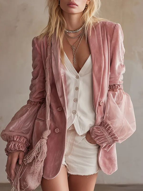 Elegant And Stylish Pink Velvet Tulle Cuff Blazer sold by Oyrosy