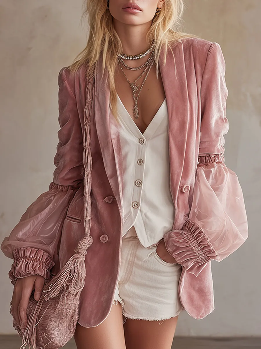 Elegant And Stylish Pink Velvet Tulle Cuff Blazer sold by Oyrosy