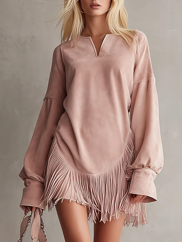 Elegant Urban Pink Faux Suede Tassel Mini Dress sold by Oyrosy