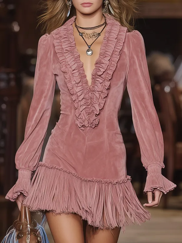 Western-style Pink Faux Suede With Ruffled Trim And Tassels  Mini Dress sold by Oyrosy