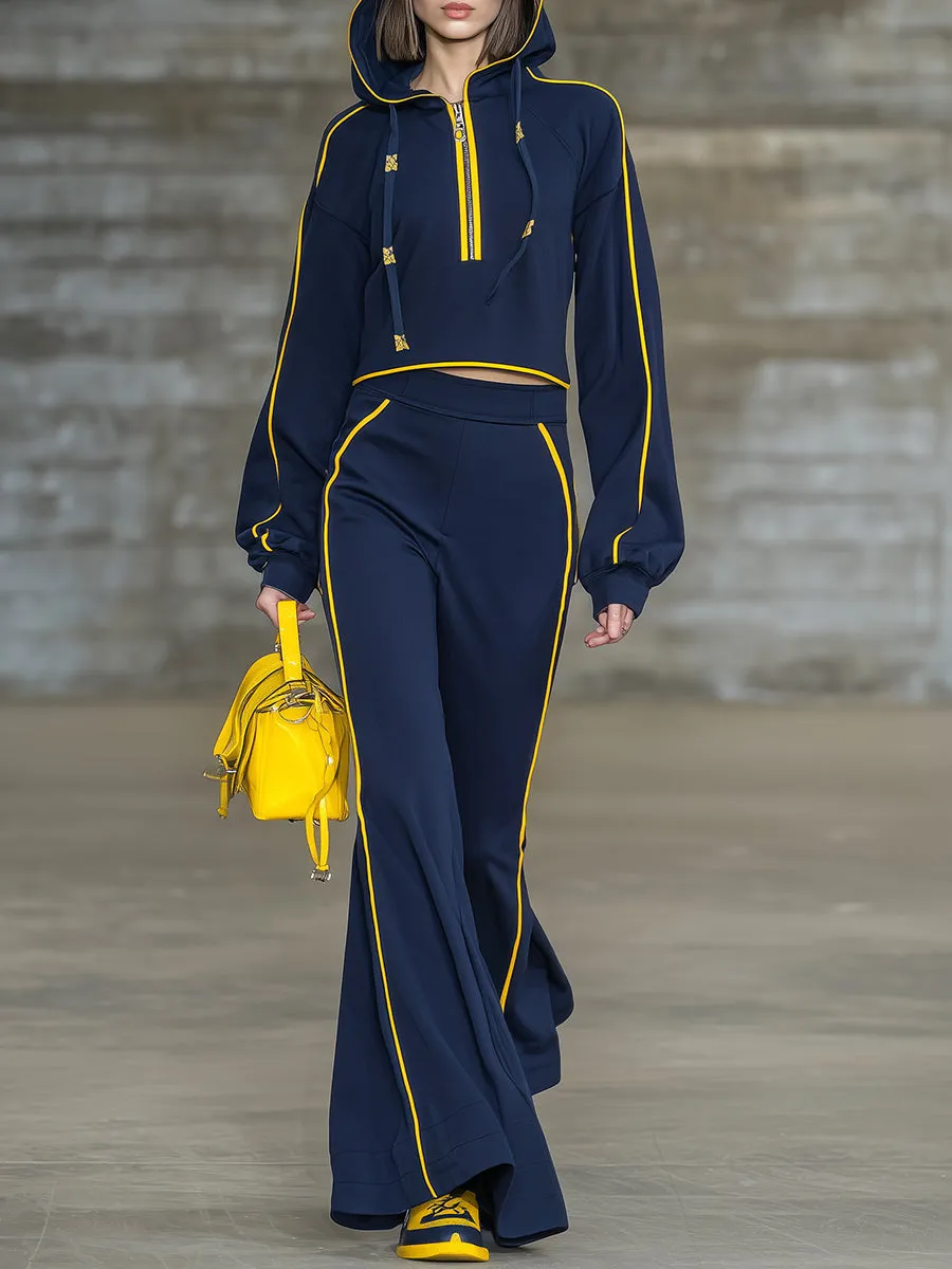 Casual Blue Hooded Top With Yellow Webbing Trim And Flared Trousers Set sold by Oyrosy