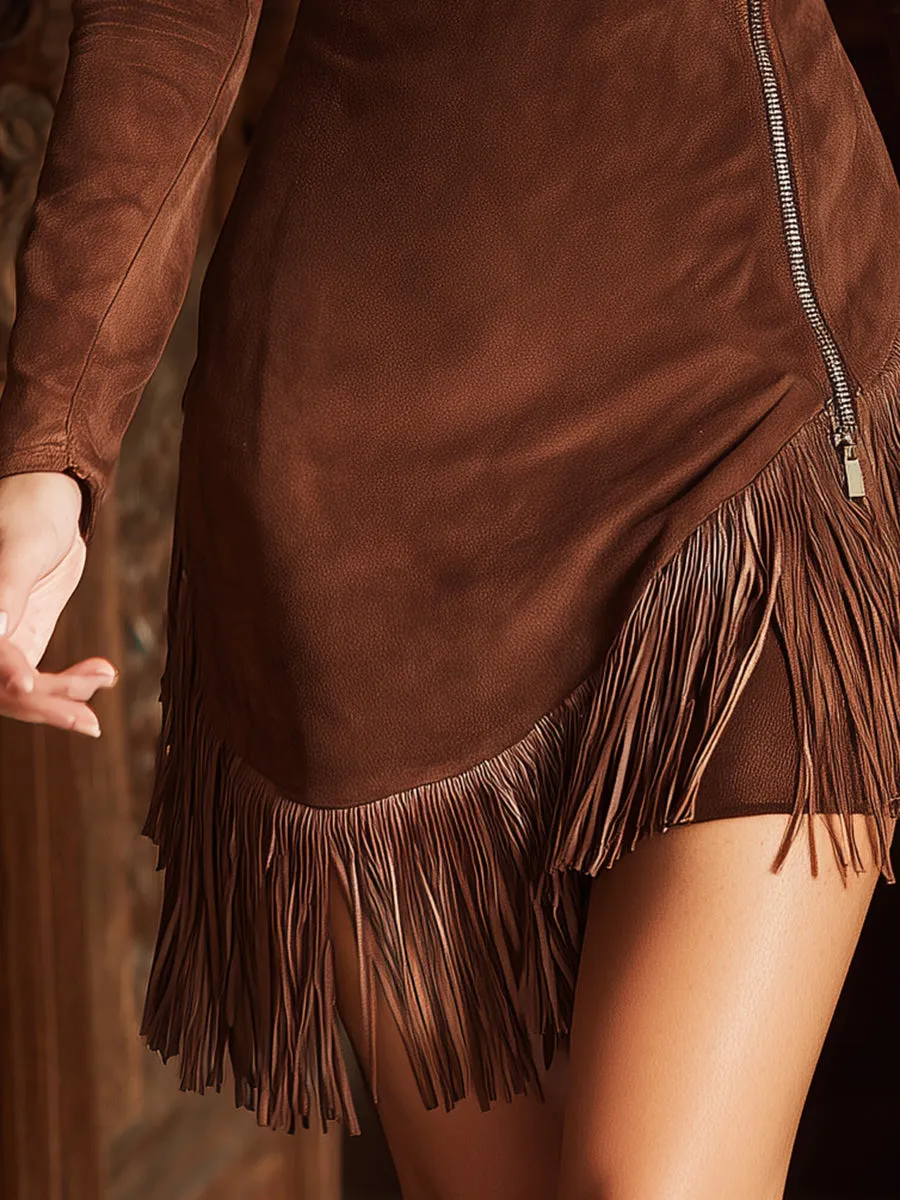 Western-style Brown Faux Suede With Zipper Closure And Fringe Details Mini Dress sold by Oyrosy product image thumbnail 3