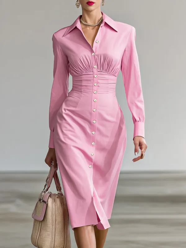 Stylish Pink Shirt Dress With All Buttons Open And An Elasticated Waist Midi Dress sold by Oyrosy