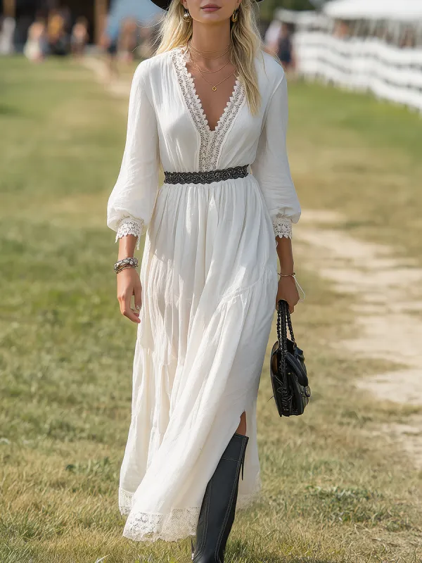 Western-style White Cotton And Linen Blend With Lace Inserts And A Side Slit Maxi Dress sold by Oyrosy