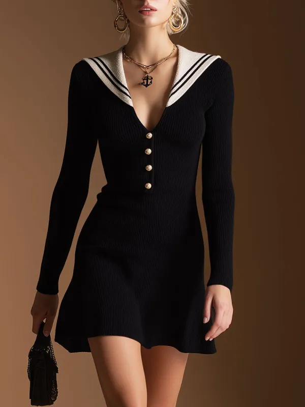 Retro Nautical Style White Collared Black Knitted Mini Dress sold by Oyrosy