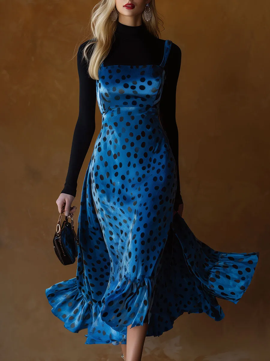 Stylish Retro Black Polka Dot And Blue Velvet Strappy Midi Dress sold by Oyrosy