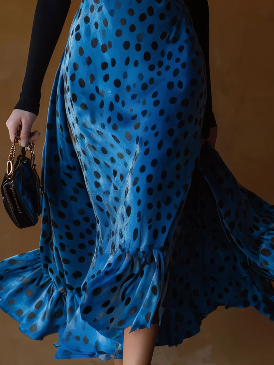 Stylish Retro Black Polka Dot And Blue Velvet Strappy Midi Dress sold by Oyrosy product image thumbnail 4