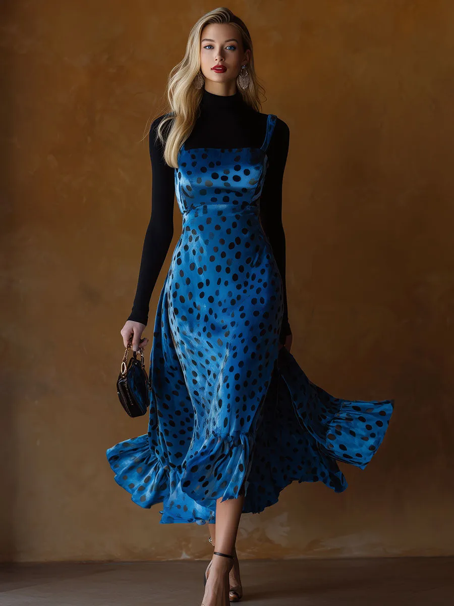 Stylish Retro Black Polka Dot And Blue Velvet Strappy Midi Dress sold by Oyrosy product image thumbnail 2