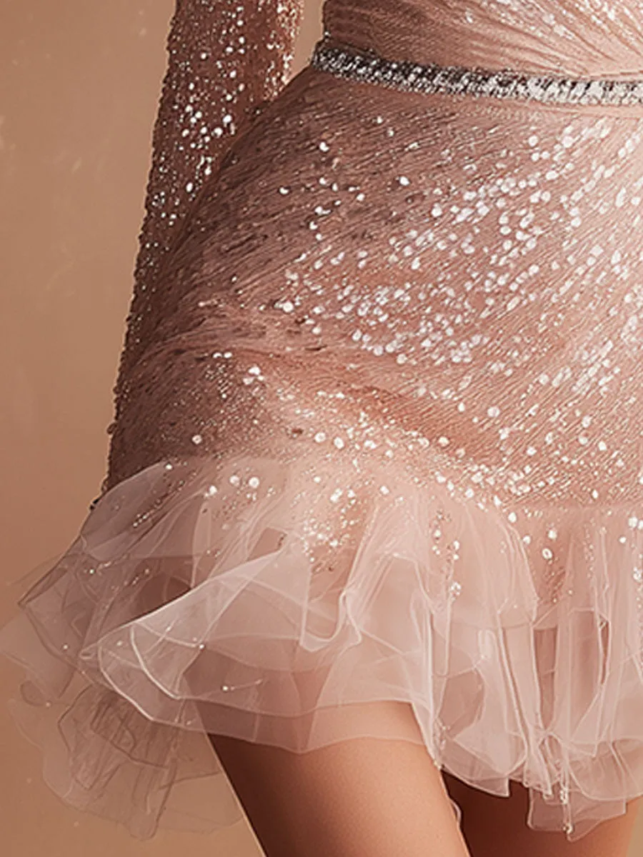 Stylish And Elegant Mesh Pink Sequined V-neck Mini Dress sold by Oyrosy product image thumbnail 4