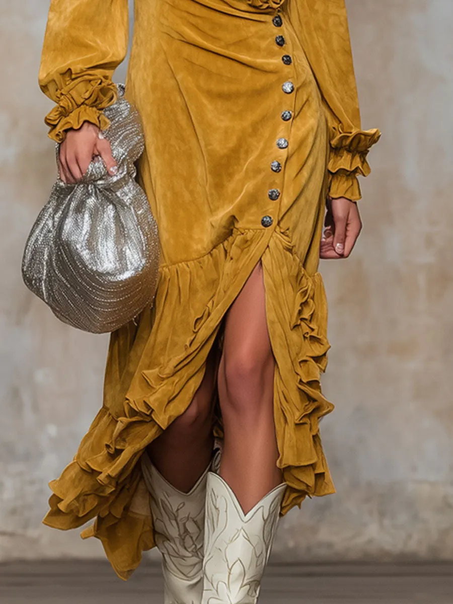 V-neck Ruffled Button-front Slit Faux Suede Long-sleeved Midi Dress sold by Oyrosy product image thumbnail 3