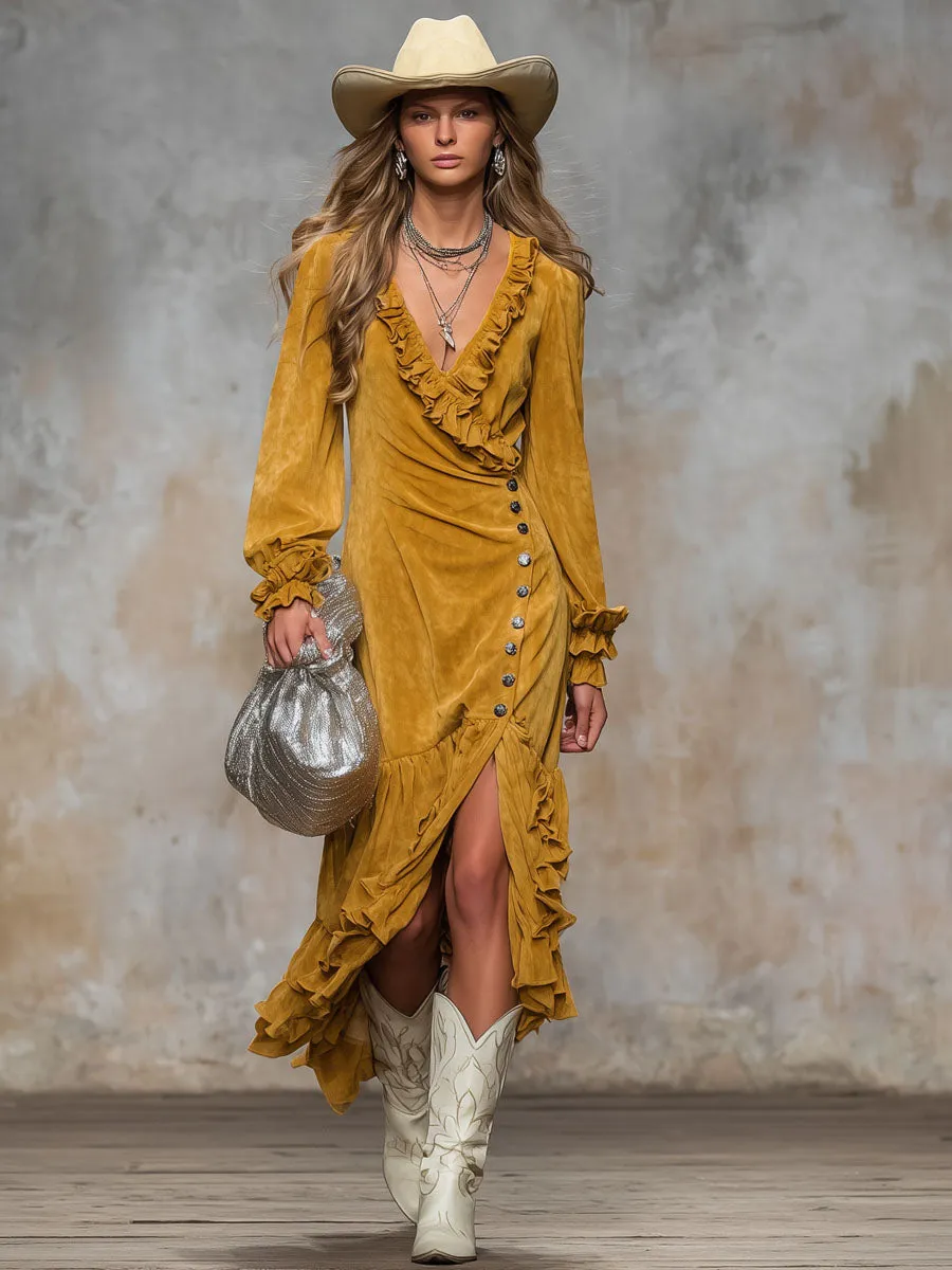 V-neck Ruffled Button-front Slit Faux Suede Long-sleeved Midi Dress sold by Oyrosy product image thumbnail 4