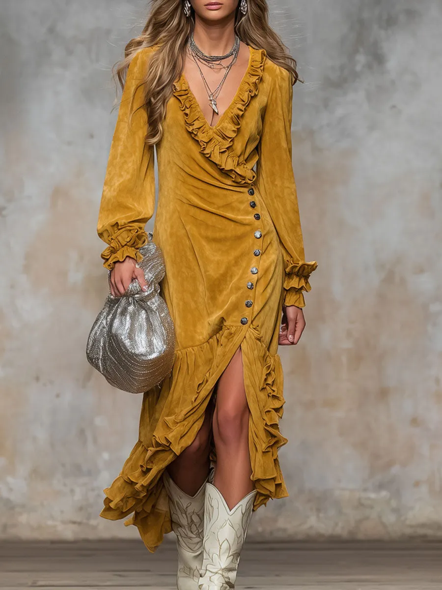 V-neck Ruffled Button-front Slit Faux Suede Long-sleeved Midi Dress sold by Oyrosy