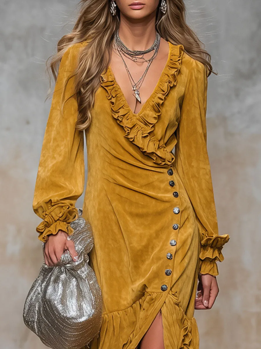 V-neck Ruffled Button-front Slit Faux Suede Long-sleeved Midi Dress sold by Oyrosy product image thumbnail 2