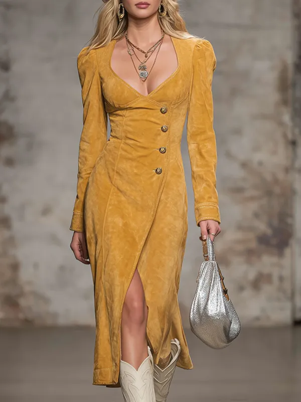 V-neck Button-front Split Hem Faux Suede Long-sleeved Midi Dress sold by Oyrosy