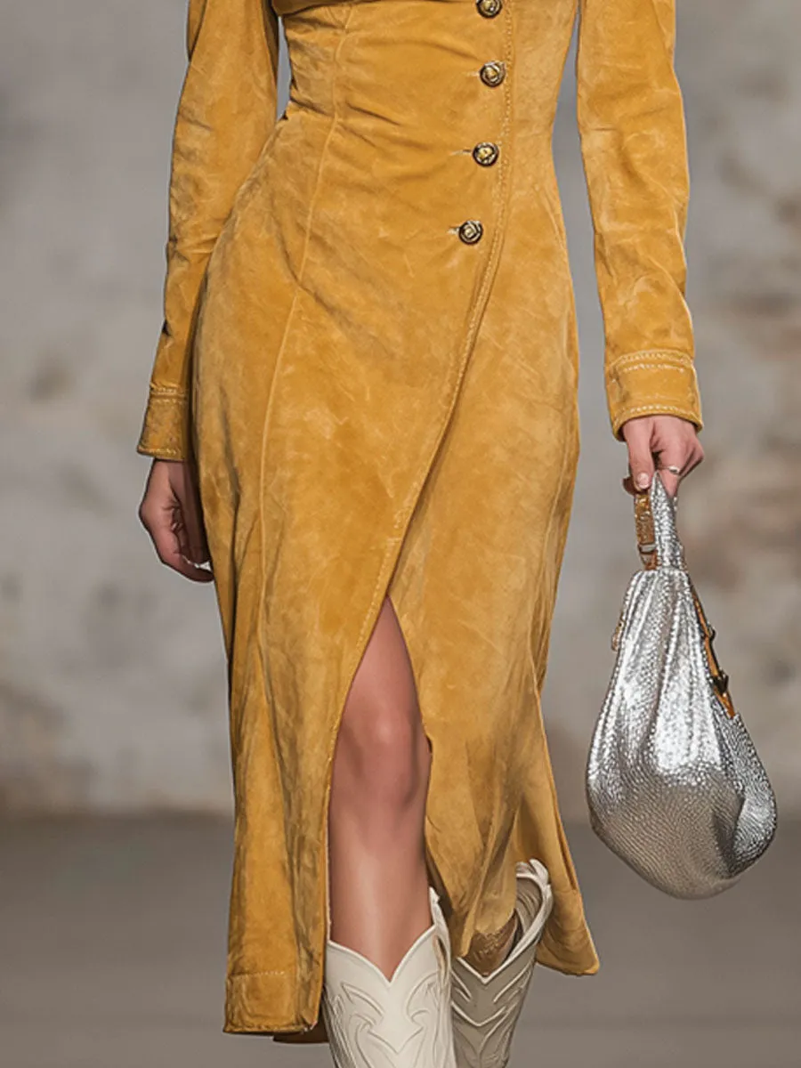 V-neck Button-front Split Hem Faux Suede Long-sleeved Midi Dress sold by Oyrosy product image thumbnail 3