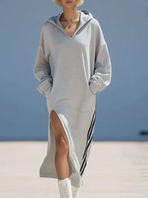 V-neck Hooded Double Pockets Side Slits Sporty Style Long-sleeved Midi Dress sold by Oyrosy