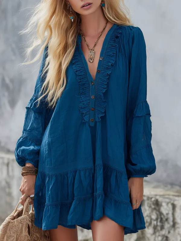 V-neck Button-down Ruffled Cotton Long-sleeved Mini Dress sold by Oyrosy