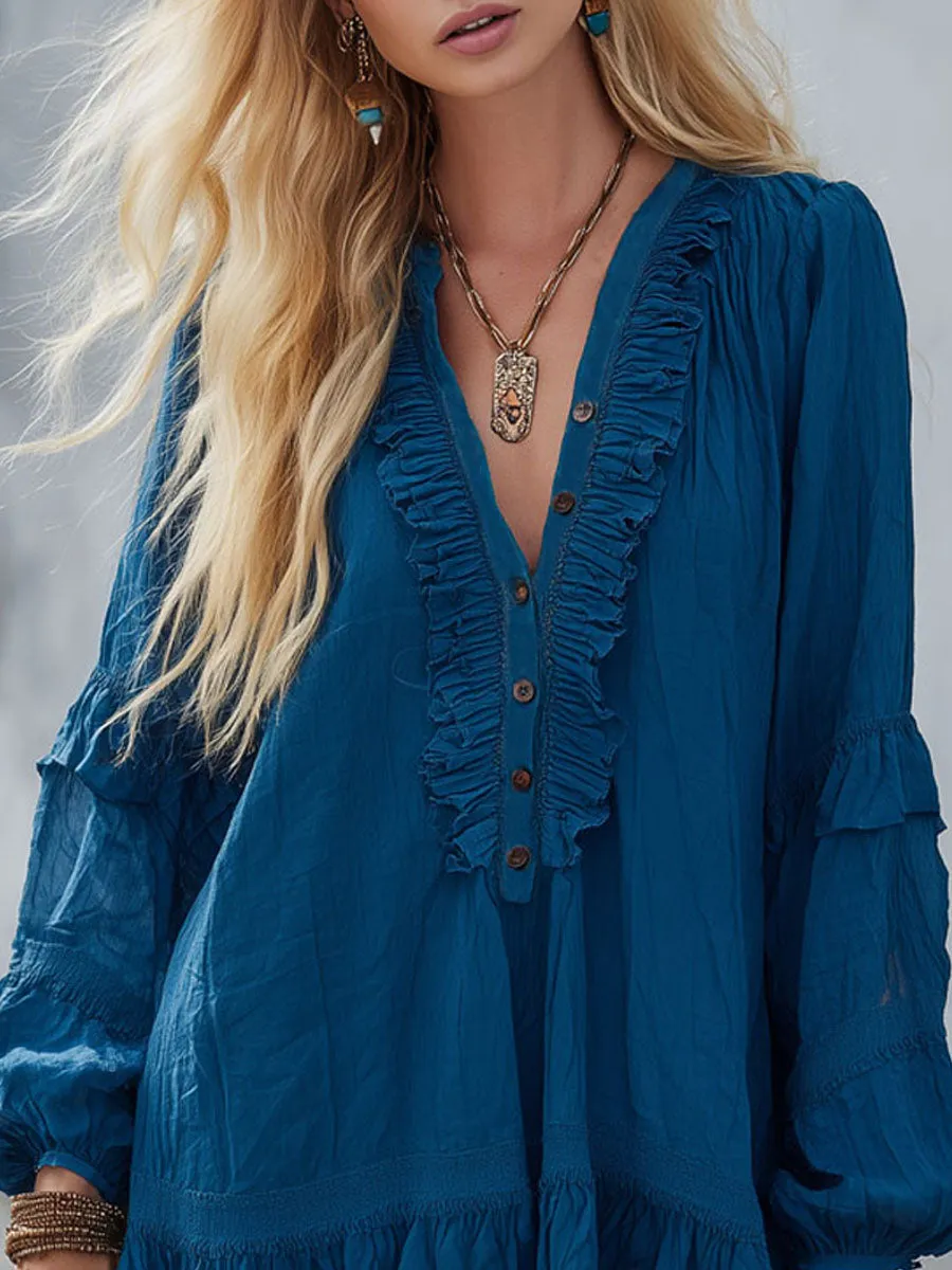 V-neck Button-down Ruffled Cotton Long-sleeved Mini Dress sold by Oyrosy product image thumbnail 3