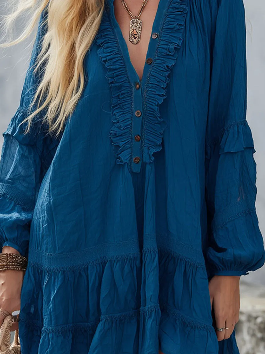 V-neck Button-down Ruffled Cotton Long-sleeved Mini Dress sold by Oyrosy product image thumbnail 2