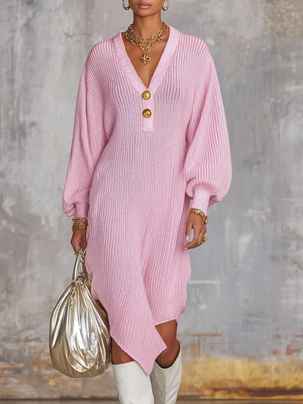 Pink V-neck Button-up Irregular Knit Long-sleeved Midi Dress sold by Oyrosy