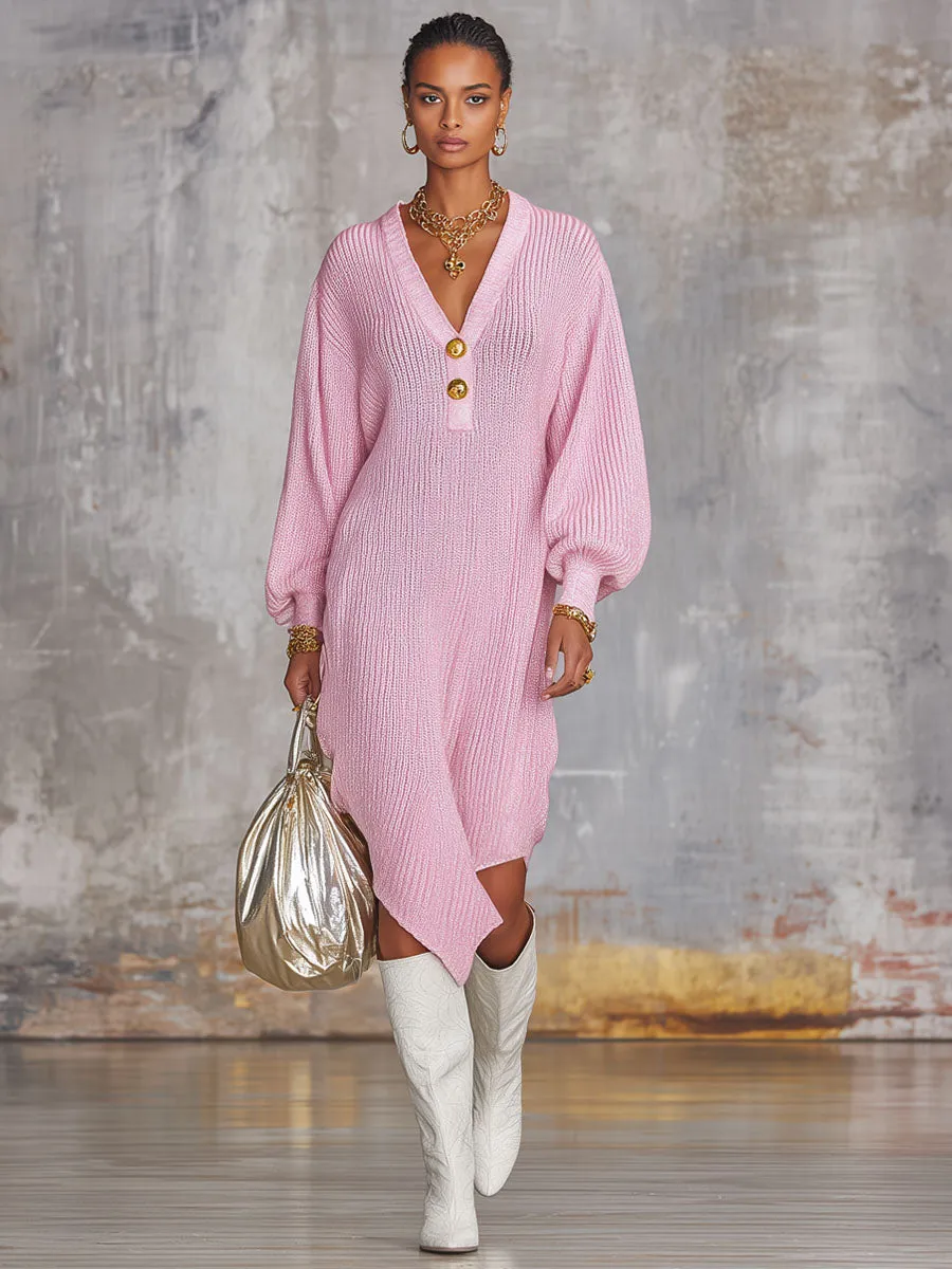 Pink V-neck Button-up Irregular Knit Long-sleeved Midi Dress sold by Oyrosy product image thumbnail 4